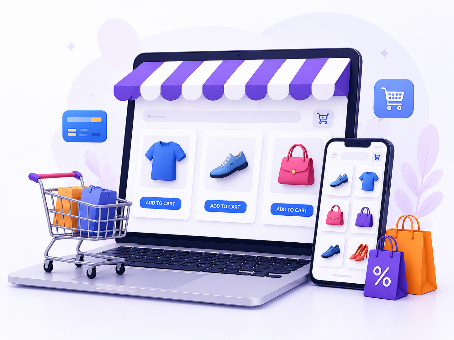 Retail e-commerce storefront on a laptop with a shopping cart, mobile app and payment card