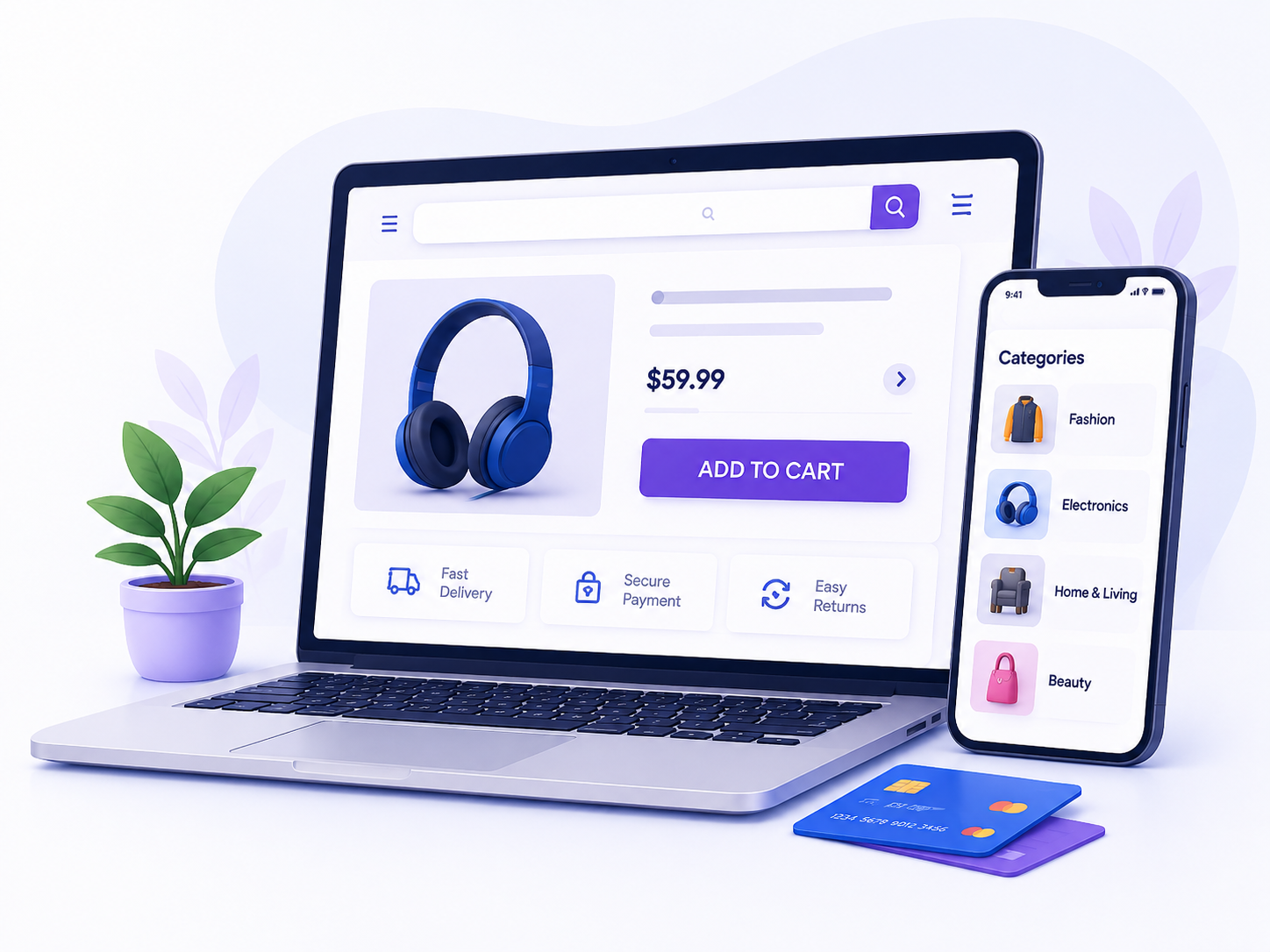 E-commerce product page on a laptop with pricing and add to cart, and a mobile categories screen