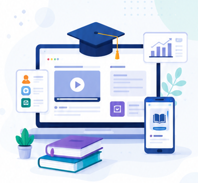 EdTech learning platform illustration with a laptop, graduation cap, mobile app and analytics